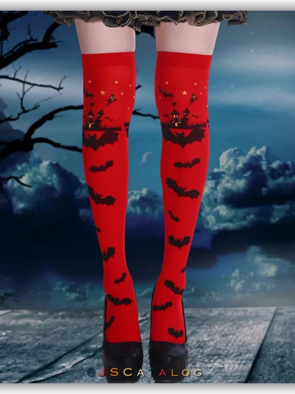 Red Halloween Bat-Print Thighhigh Socks